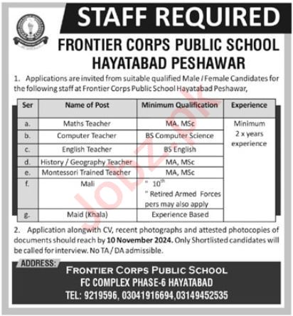 Jobs at Frontier Corps Public School in Peshawar, 2024