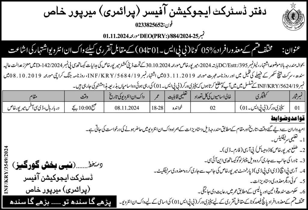 Mirpur Khas District Education Officer Job 2024