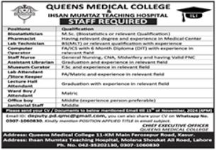 Jobs at Queens Medical College in Lahore in 2024