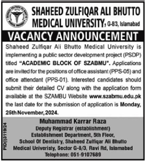 Current Jobs at Shaheed Zulfiqar Ali Bhutto Medical University