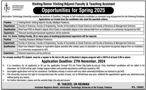 Jobs 2024 at Information Technology University (ITU) in Lahore