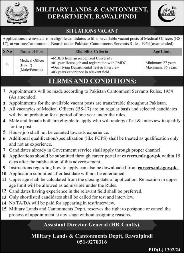 Medical Officer Jobs in Military Lands and Cantonments