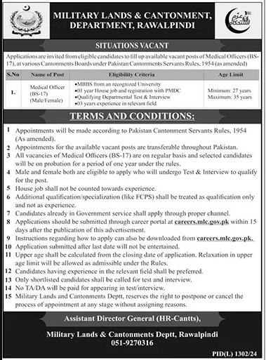 Employment Notice, Military Lands & Cantonment Department, Rawalpindi