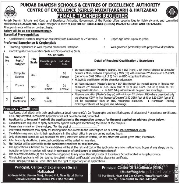 Employment at Punjab Daanish School PDS&CEA Hafizabad 2024