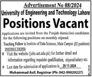 UET Lahore Jobs 2024: University of Engineering & Technology