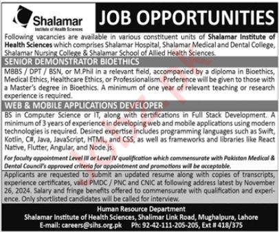 Employment at Shalamar Institute of Health Sciences in Lahore in 2024