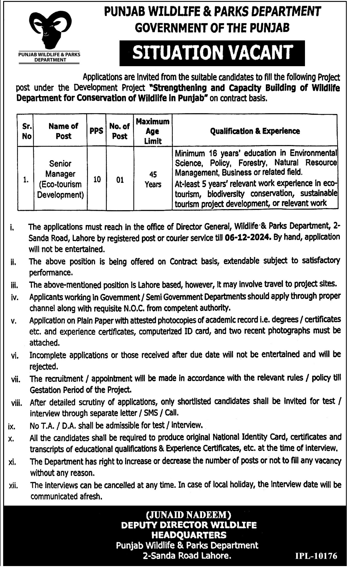 Vacancy Available at the Punjab Wildlife and Parks Department.