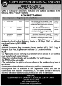 Positions Open at Quetta Institute of Medical Sciences (QIMS)