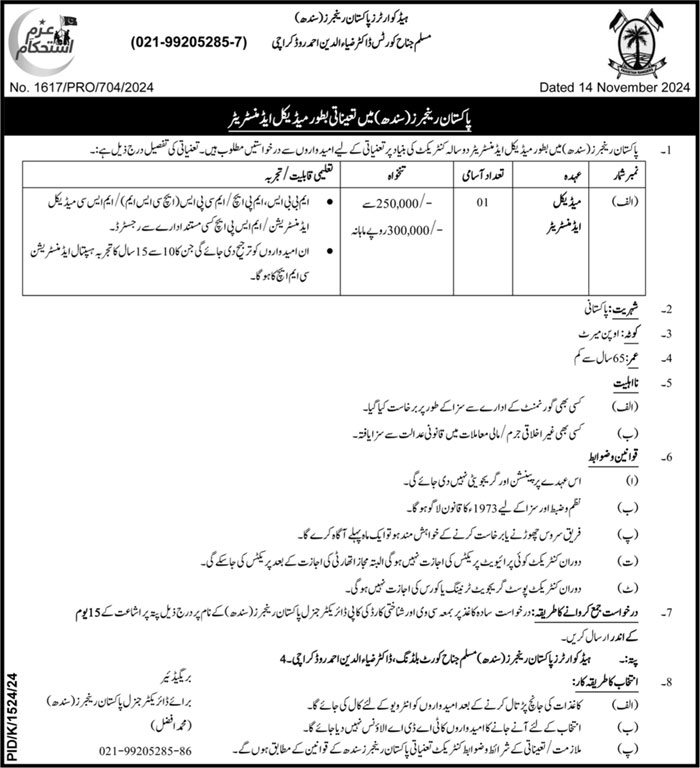 Jobs for Medical Administrators in Pakistan Rangers Sindh, 2024