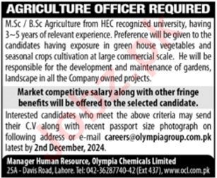 Employment at Olympia Chemicals Limited in Lahore, 2024