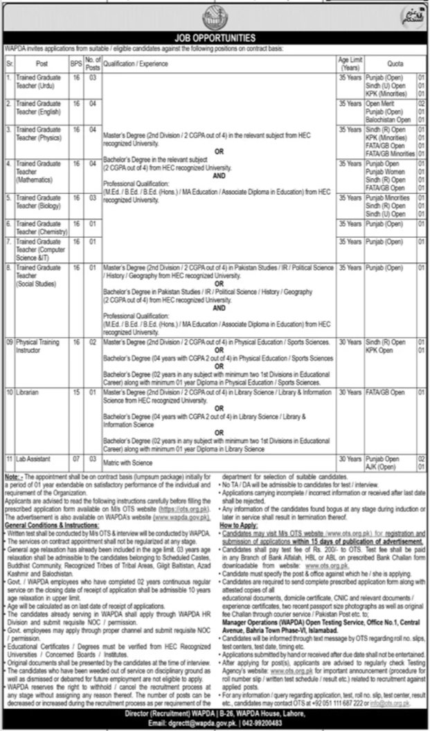 Jobs at the Water and Power Development Authority (WAPDA)