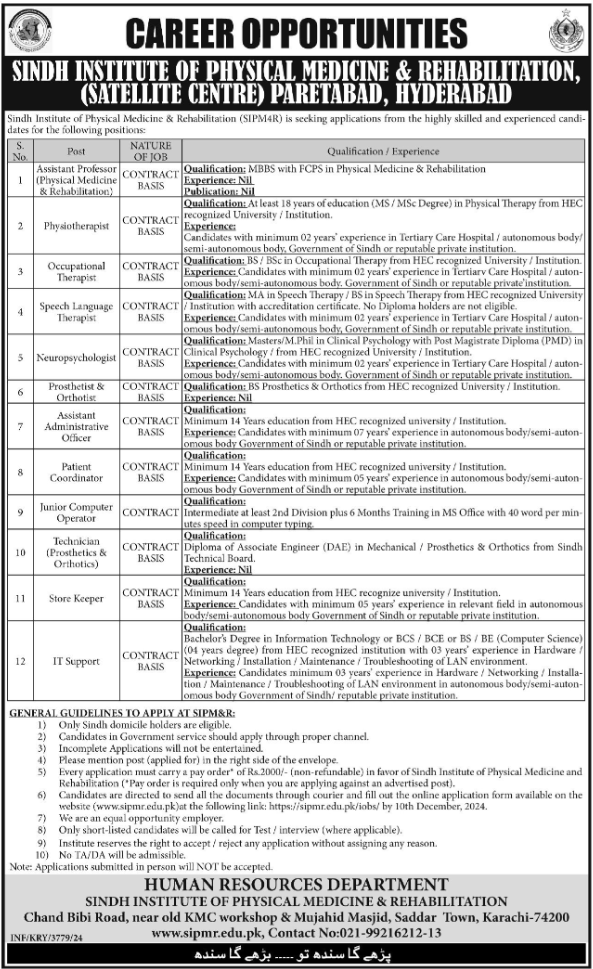 Vacancies Available at the Sindh Institute of Physical Medicine