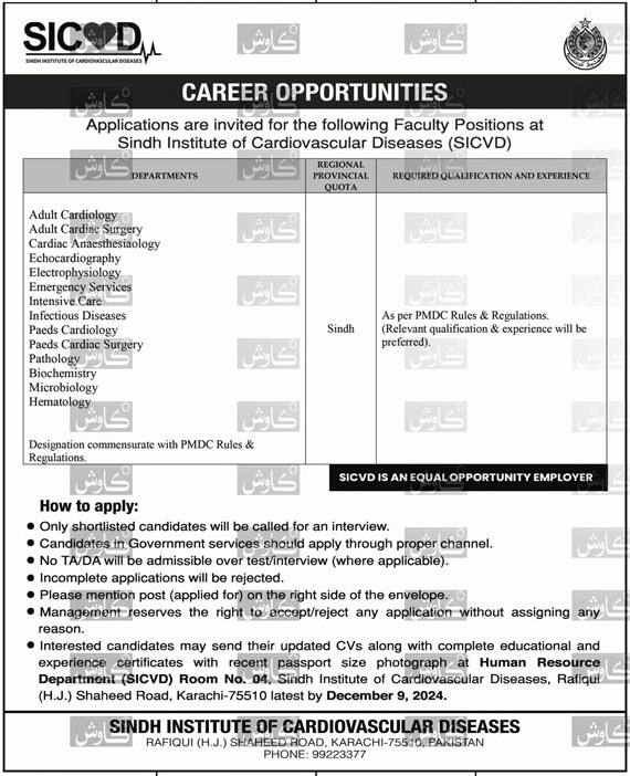 Jobs in the Sindh Institute of Cardiovascular Diseases as Faculty