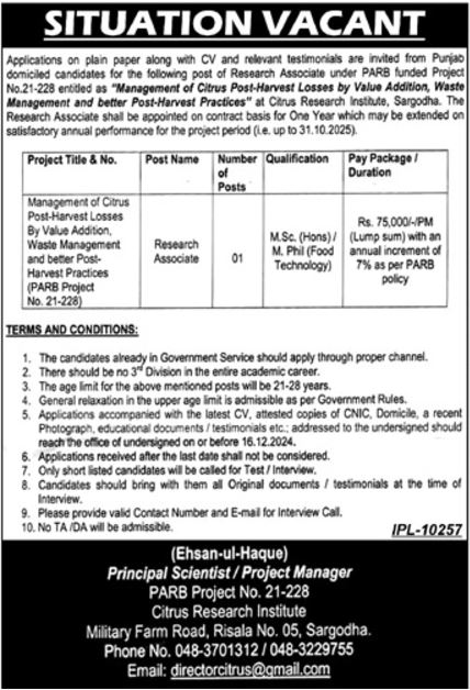 PARB Sargodha Citrus Research Institute Jobs 2024