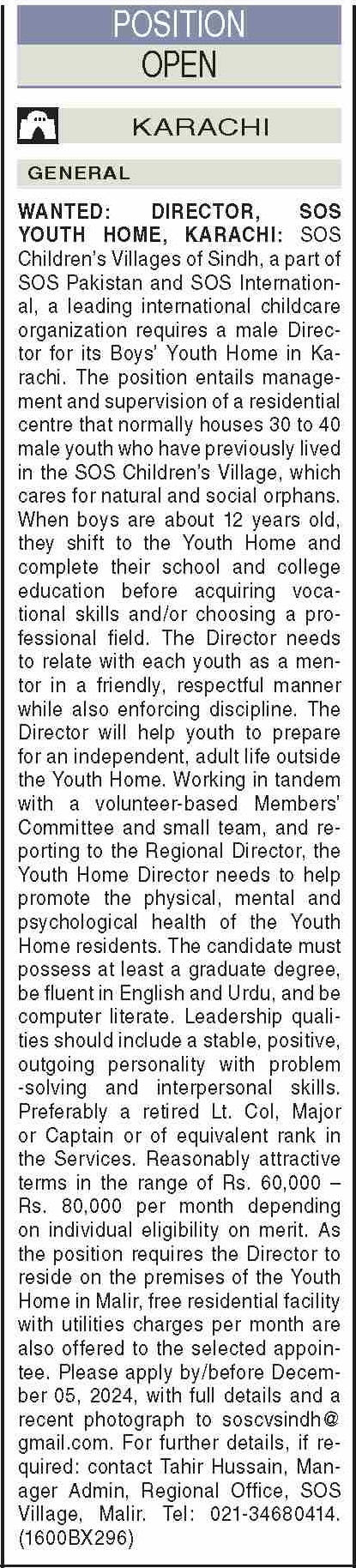 Director of Youth Home at SOS Children Village Karachi Jobs 2024