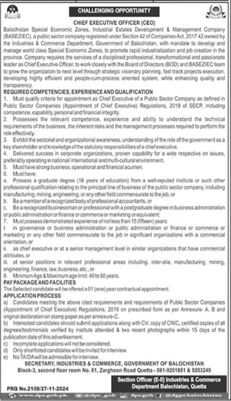 Jobs in the Balochistan Special Economic Zone (BASEZIEC) 2024