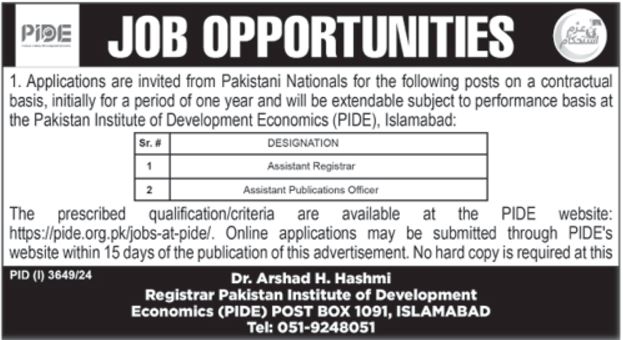 Jobs at the Pakistan Institute of Development Economics (PIDE) 2024