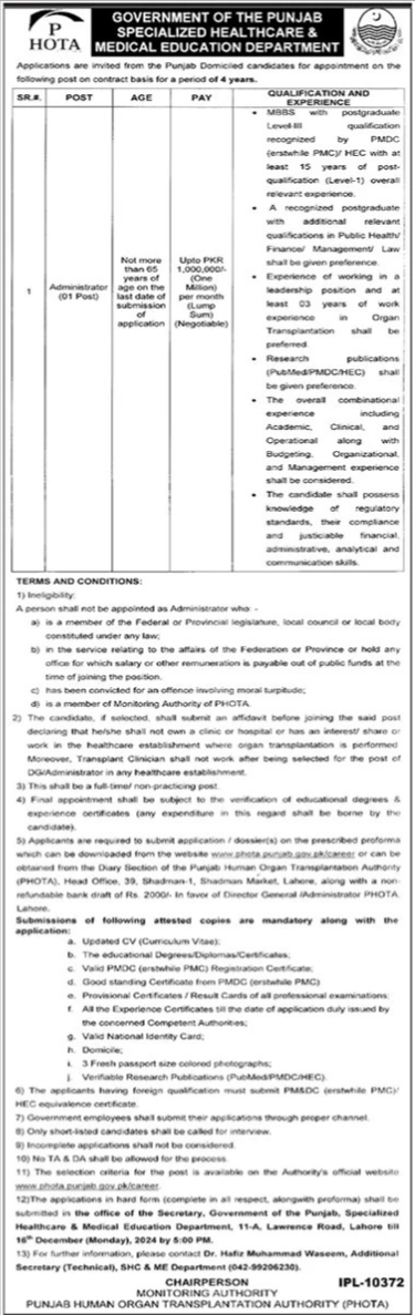 Jobs at the Punjab Human Organ Transplantation Authority (PHOTA) 2024