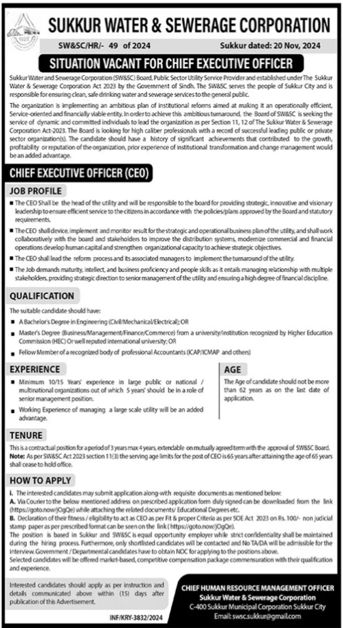 CEO Jobs at Sukkur Water & Sewerage Corporation SWSC 2024