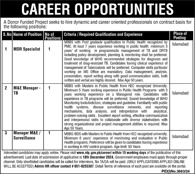 Islamabad Jobs in the National TB Control Program 2024