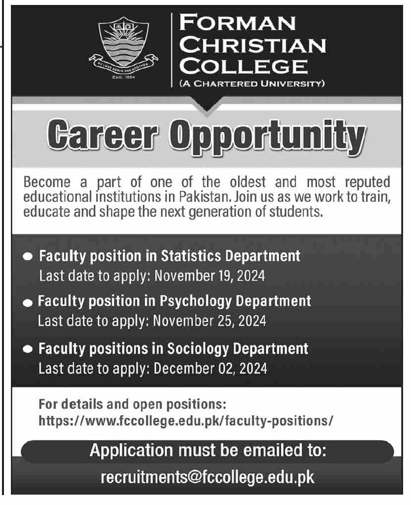 Jobs for Forman Christian College in Karachi in 2024