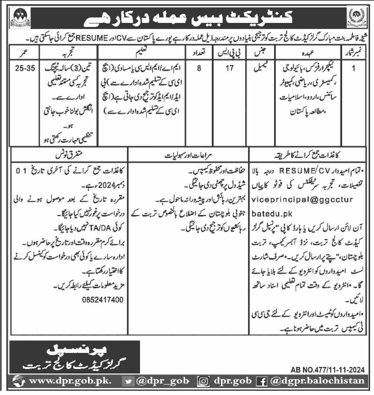 Turbat Jobs at Sheikha Fatima Bint Mubarak Girls Cadet College