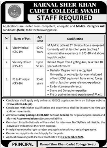 Jobs At Karnal Sher Khan Cadet College Swabi 