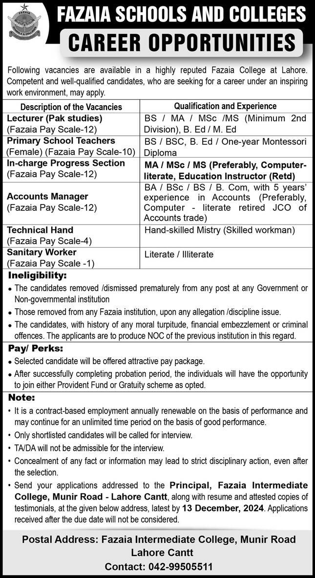 Jobs Available at Fazaia College in Lahore