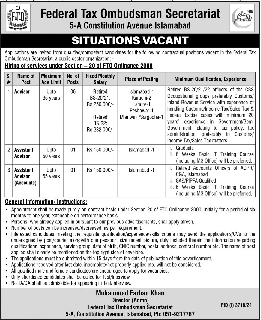 Federal Tax Ombudsman Secretariat Employment opportunities 