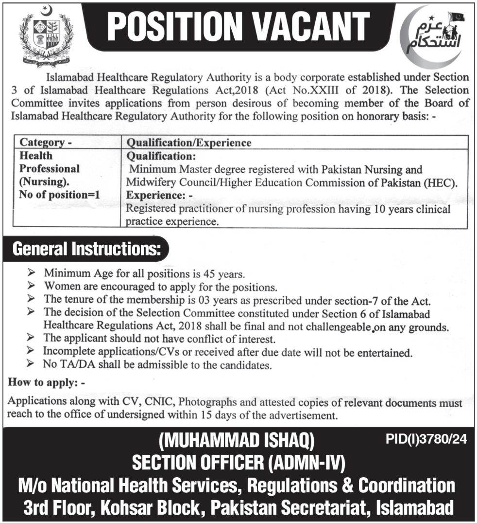 Jobs in the Islamabad Healthcare Regulatory Authority (IHRA)