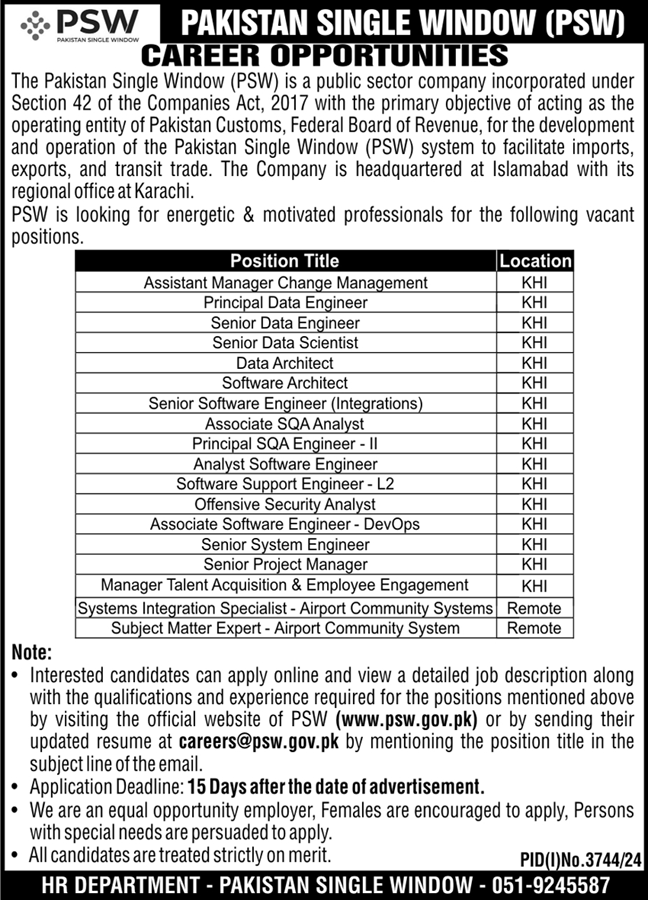 Jobs for Pakistan Single Window PSW Islamabad 2024