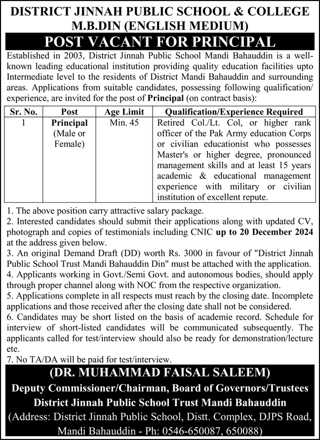 Mandi Bahauddin Jobs at District Jinnah Public School & College