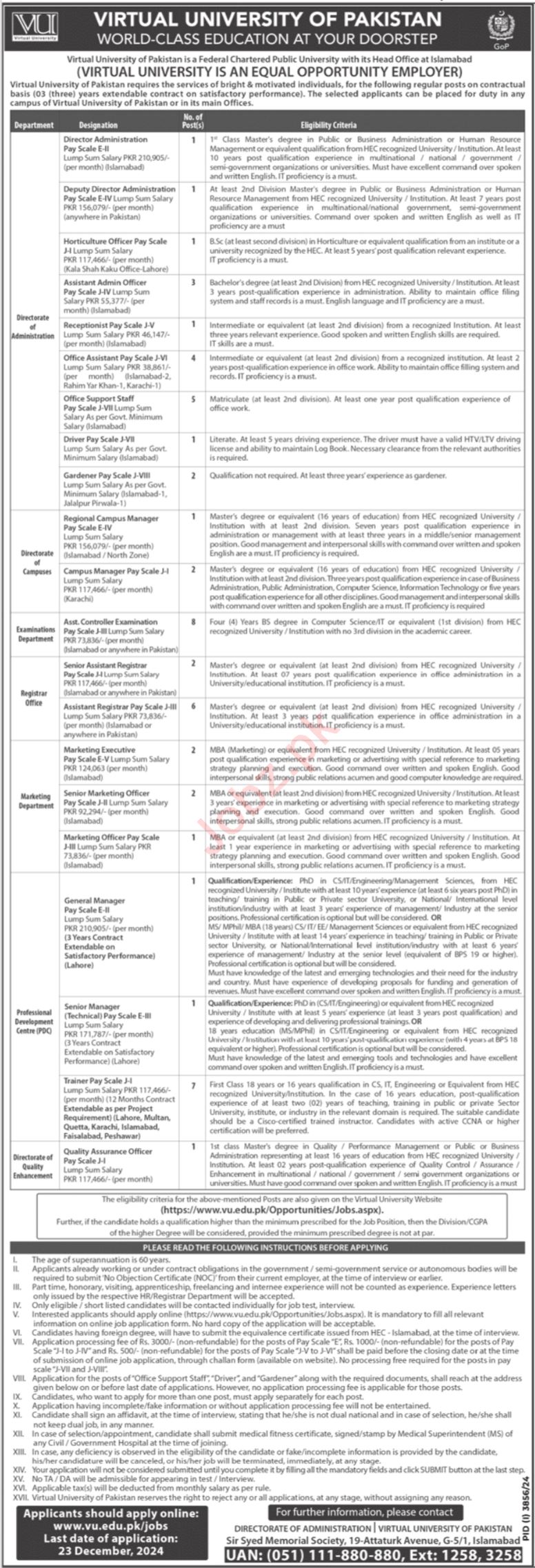 Jobs at Virtual University of Pakistan in Islamabad for 2024