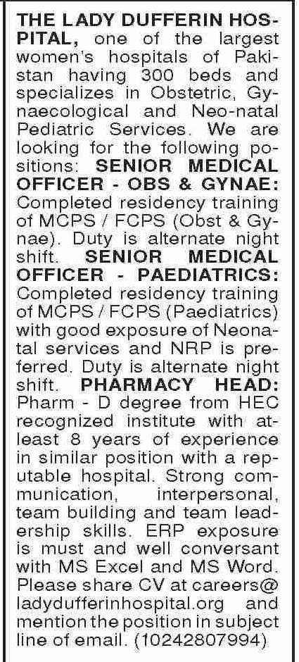 Latest Medical Posts at Lady Dufferin Hospital in Karachi 2024