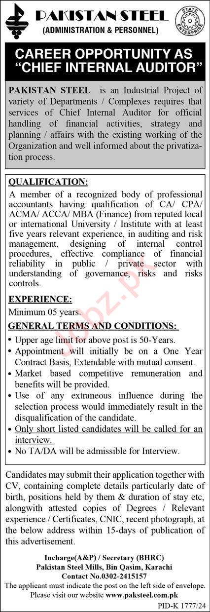 Jobs for a Chief Internal Auditor at Pakistan Steel in 2024