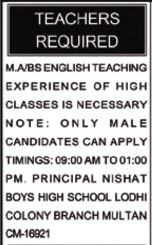 Job as an English Teacher at Nishat Boys High School