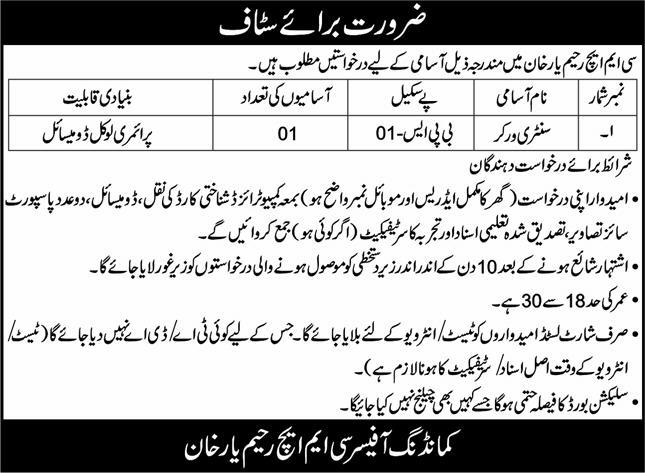 Job Openings for Sanitary Workers at CMH Rahim Yar Khan