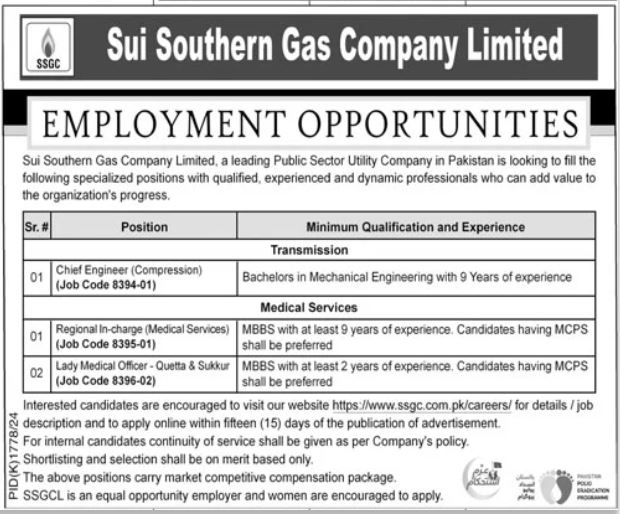 Jobs Offered at SSGC, Sui Southern Gas Company Limited