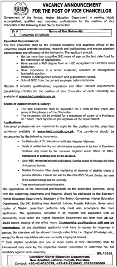 Jobs at the University of Narowal for Vice Chancellor in 2024