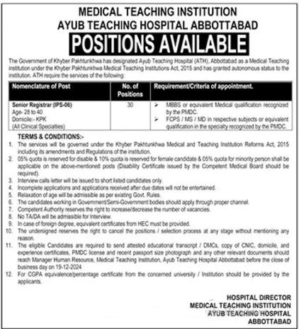 Ayub Teaching Hospital ATH Abbottabad Job Openings 2024