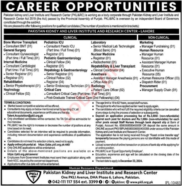 Job Openings at the Pakistan Kidney & Liver Institute & Research Center PKL