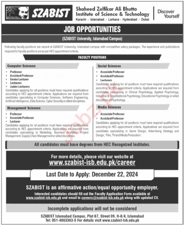 Employment in the Shaheed Zulfiqar Ali Bhutto Institute of Technology