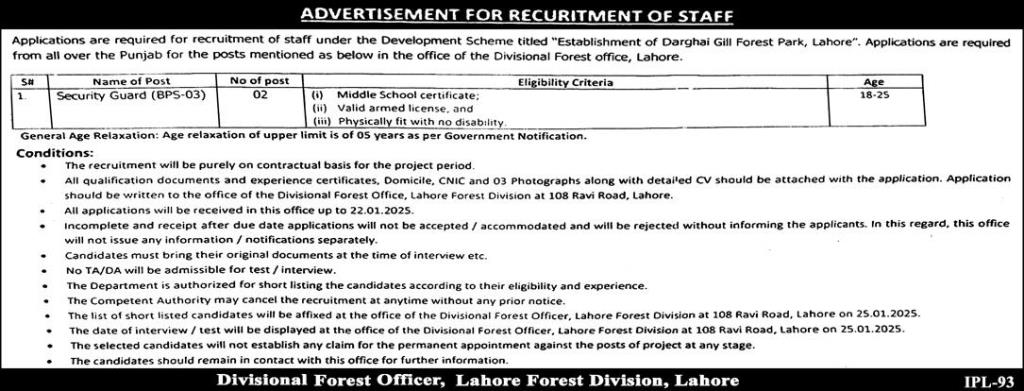 Jobs for Security Guards at the Lahore Forest Department