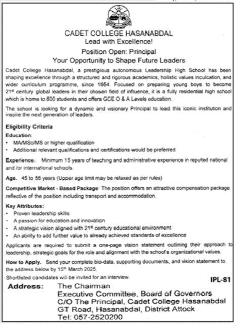 Employment Opportunity at Hassan Abdal Cadet College