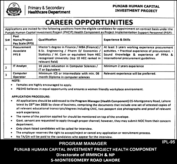 Jobs Available for the Primary and Secondary Healthcare Department