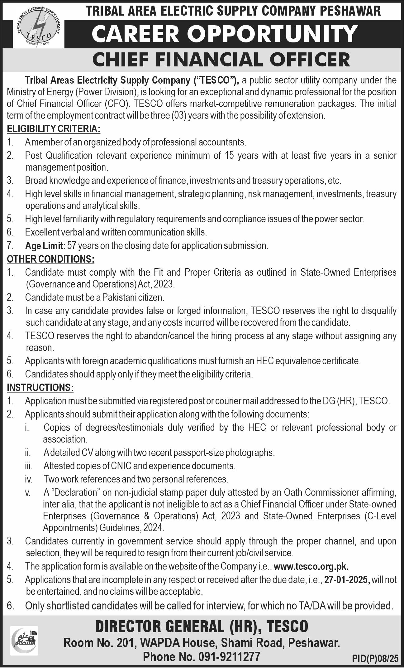 Jobs at TESCO, Tribal Areas Electricity Supply Company, 2025