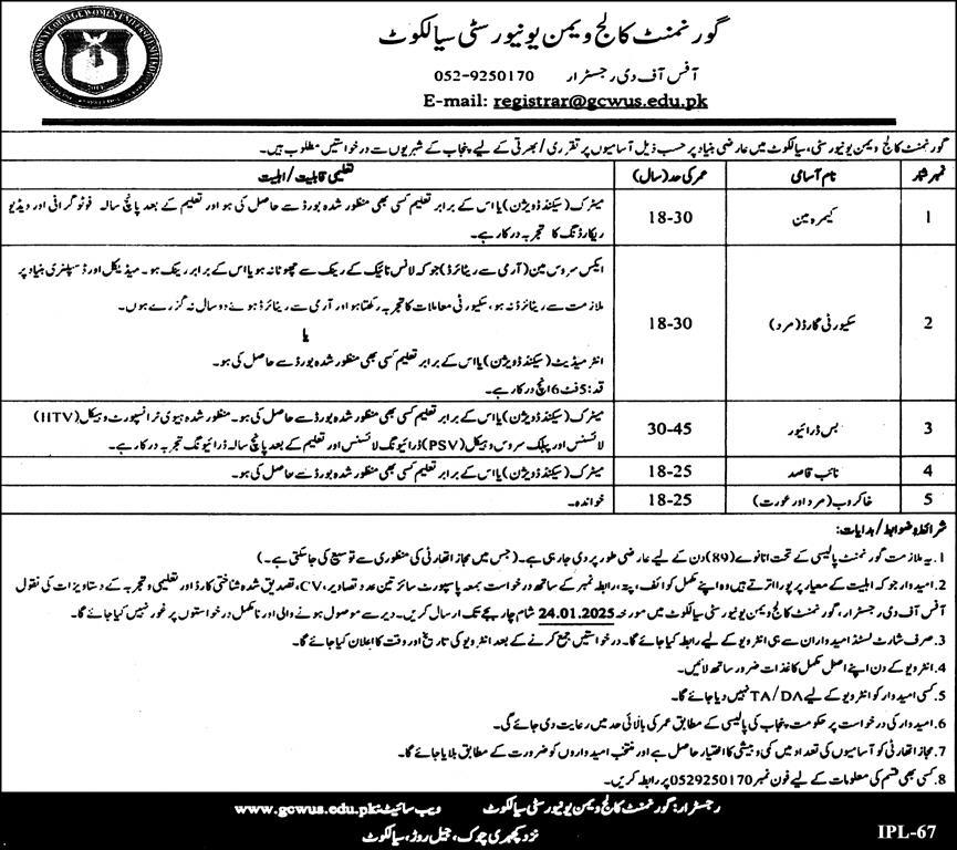 Jobs at Government College Women University (GCWUS) in 2025