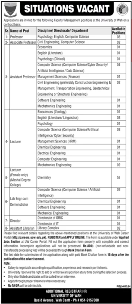 Jobs for Professors and Lecturers at the University of Wah in 2025