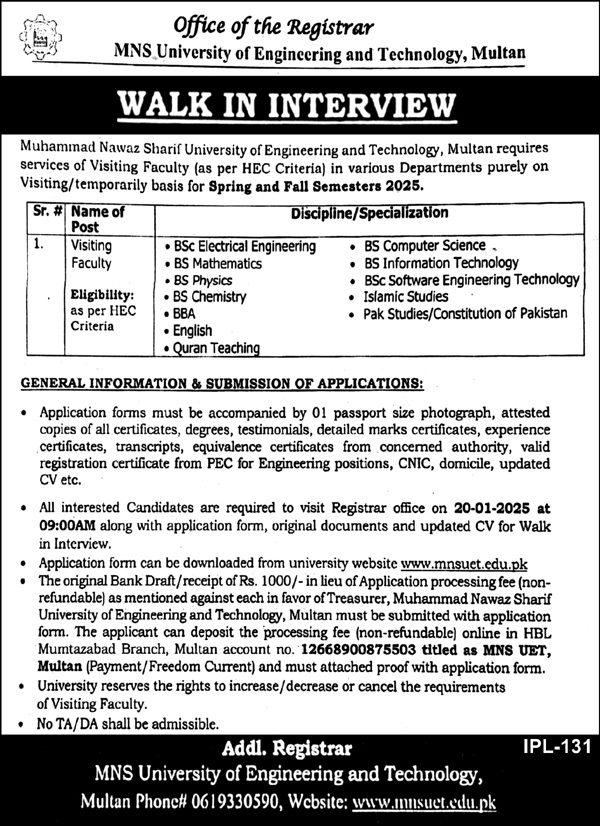 Interviews for Jobs at MNS University of Technology