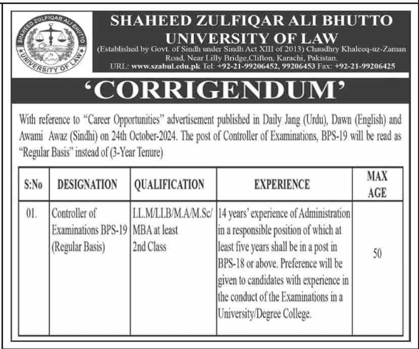 Shaheed Zulfiqar Ali Bhutto University of Law in SZABUL Jobs